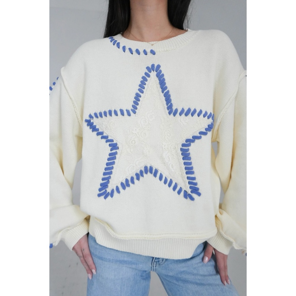 POL Cream with Blue Star Contrast Stitched Relaxed Fit Sweater - Picture 5 of 13